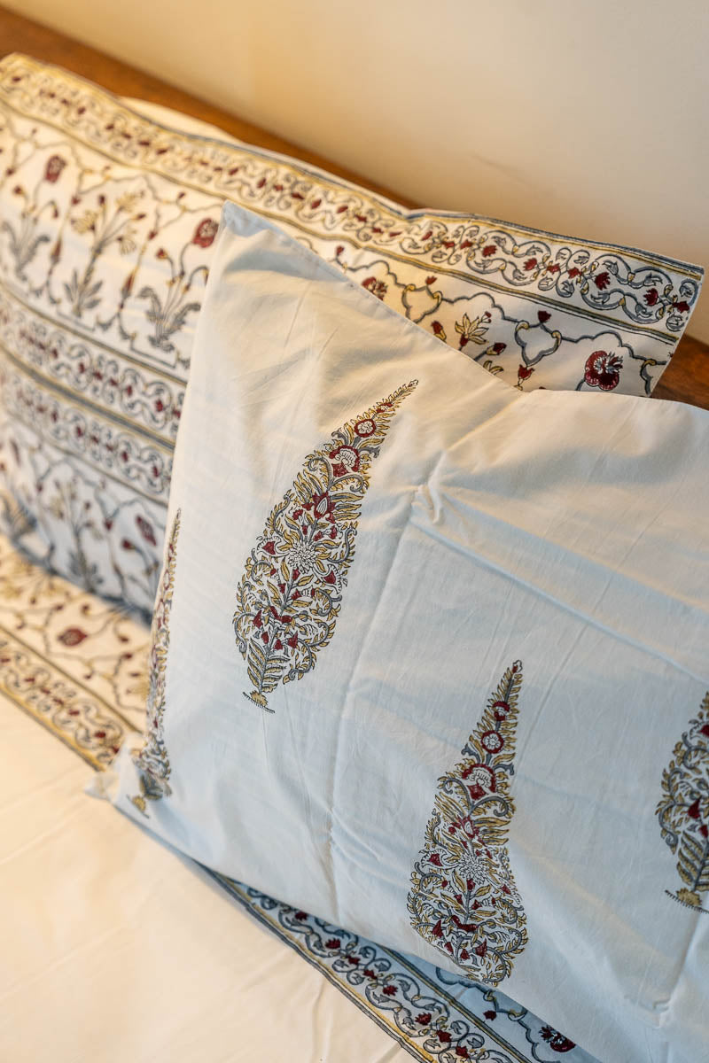 Grey Border Hand Block Printed 300TC Percale Cotton Bedsheet