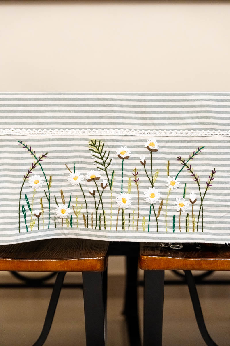 Stripe Hand Embroidered Cotton Dining Table Cover