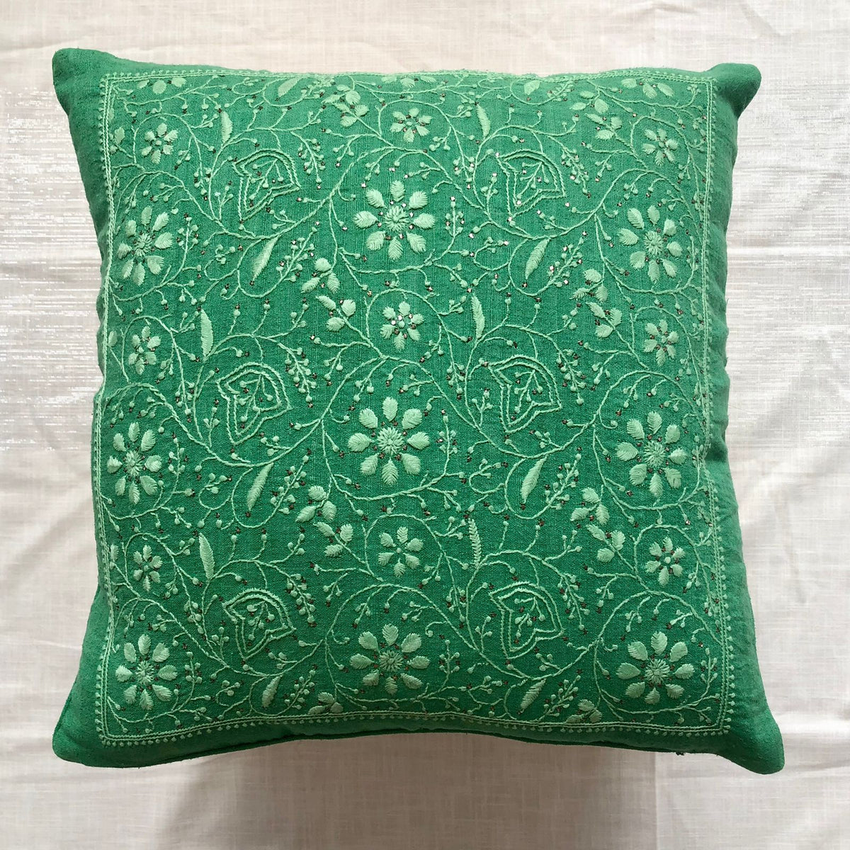 Green Silk Chikankari Cushion Cover-Hand Embroidered