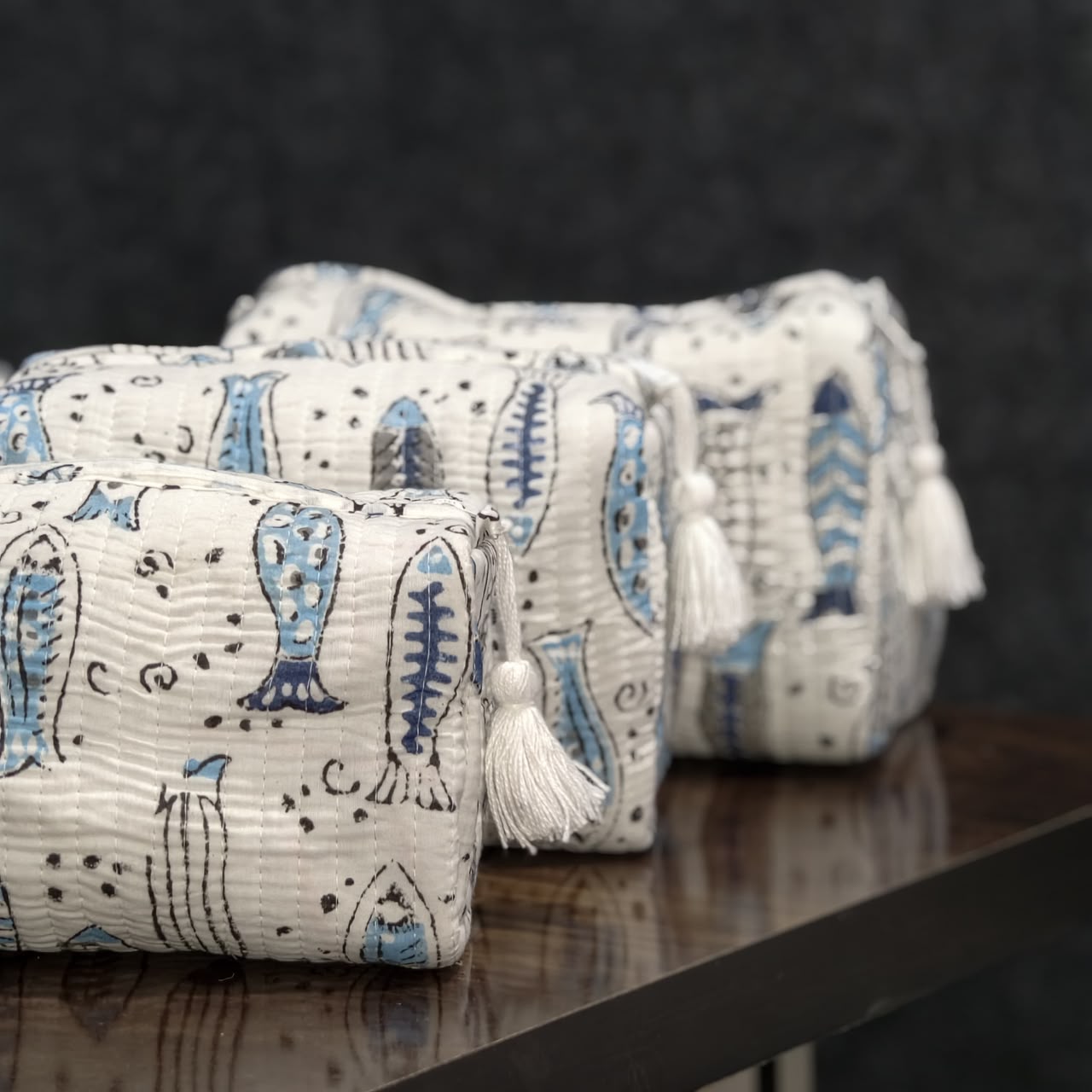 Fish Hand Block Printed Cosmetic Pouch