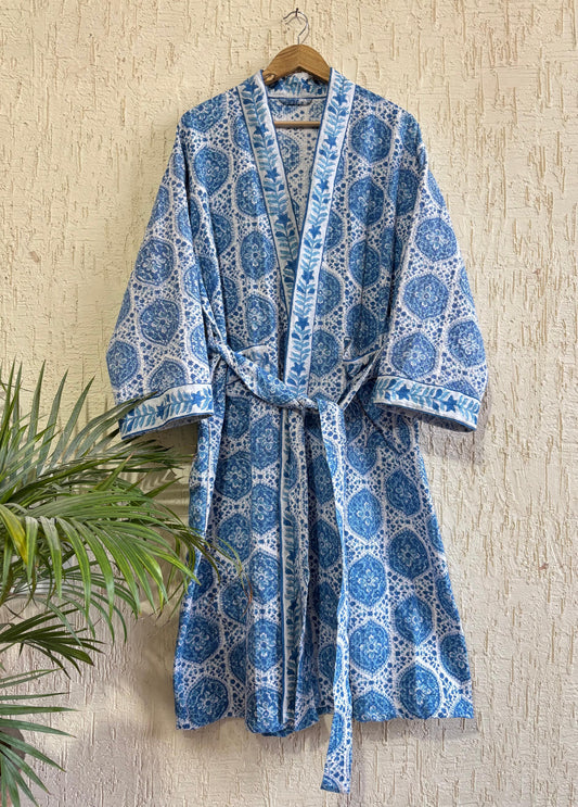 Hand Block Printed Waffled Cotton Bathrobe