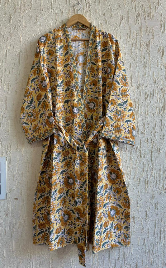 Hand Block Printed Waffled Cotton Bathrobe