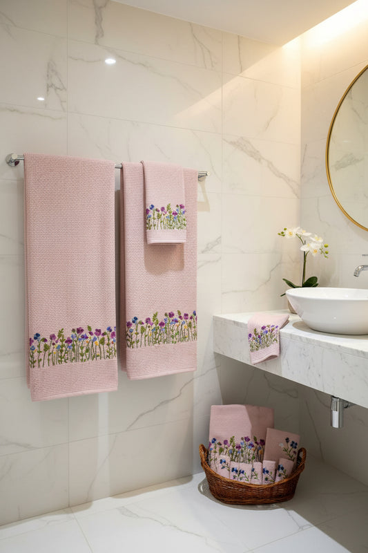Rose Pink Hand Embroidered Cotton Waffled Towel Set