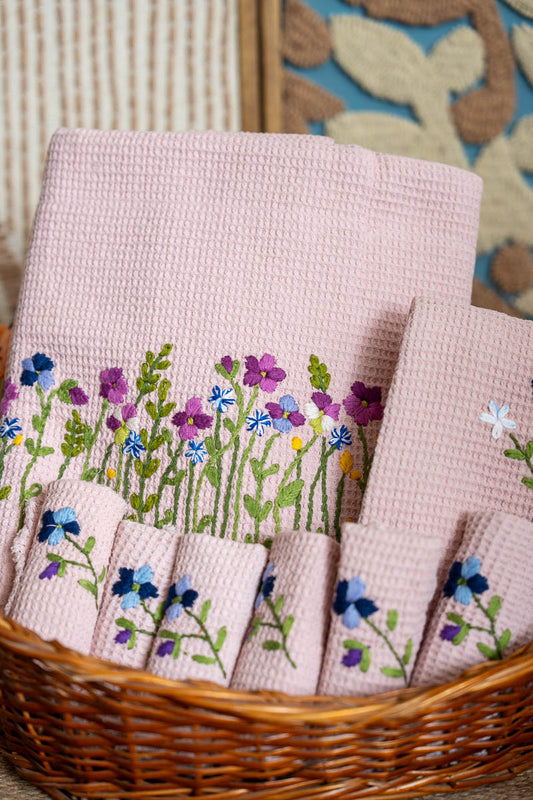 Rose Pink Hand Embroidered Cotton Waffled Hand Towels