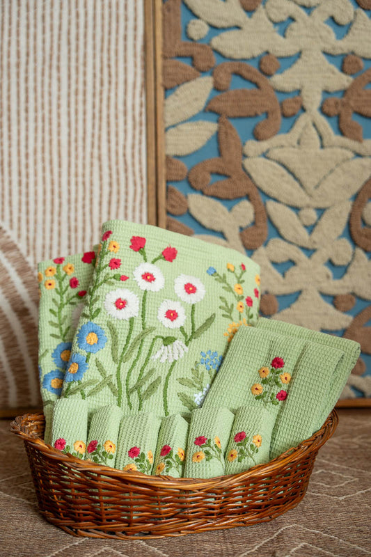 Olive Hand Embroidered Cotton Waffled Bath Towels