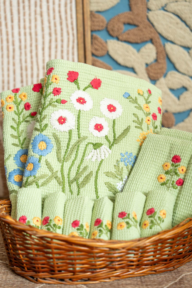 Olive Hand Embroidered Cotton Waffled Towel Set