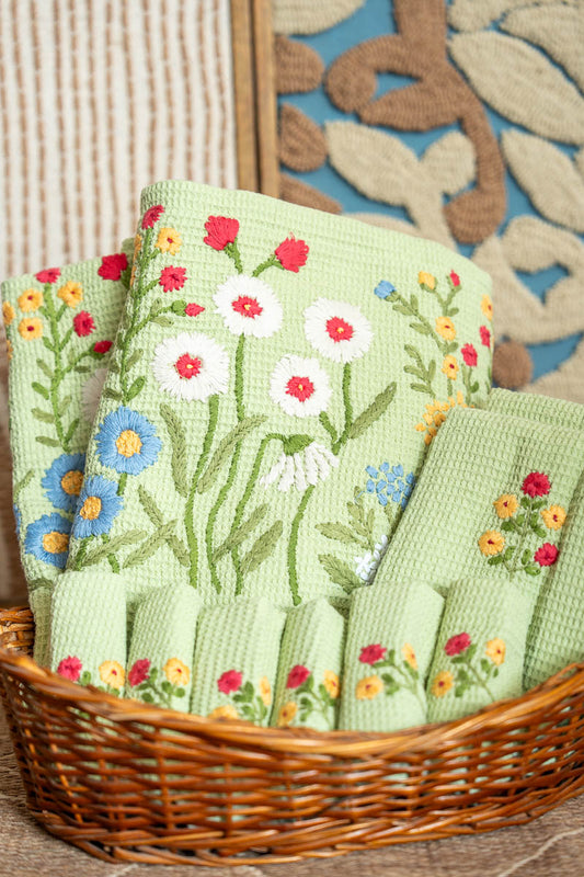 Olive Hand Embroidered Cotton Waffled Towel Set
