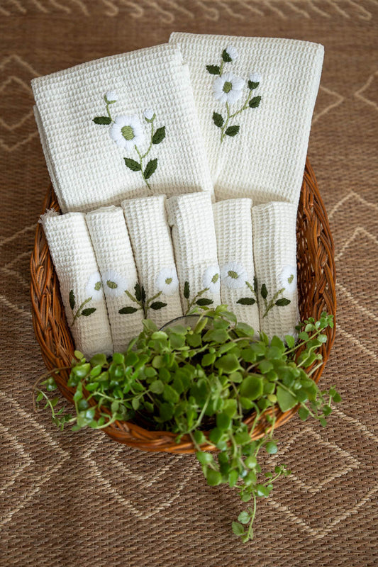 White Forest Hand Embroidered Cotton Waffled Towel Set