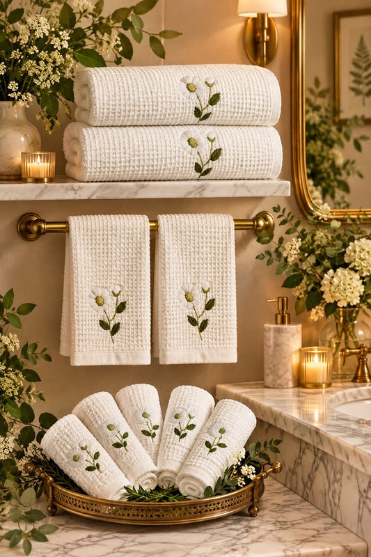 White Forest Hand Embroidered Cotton Waffled Bath Towels