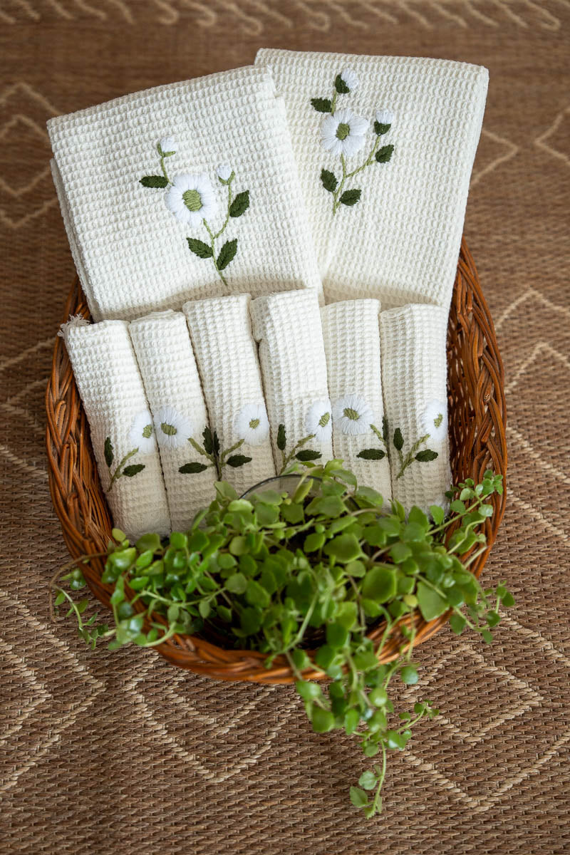 White Forest Hand Embroidered Cotton Waffled Hand Towels