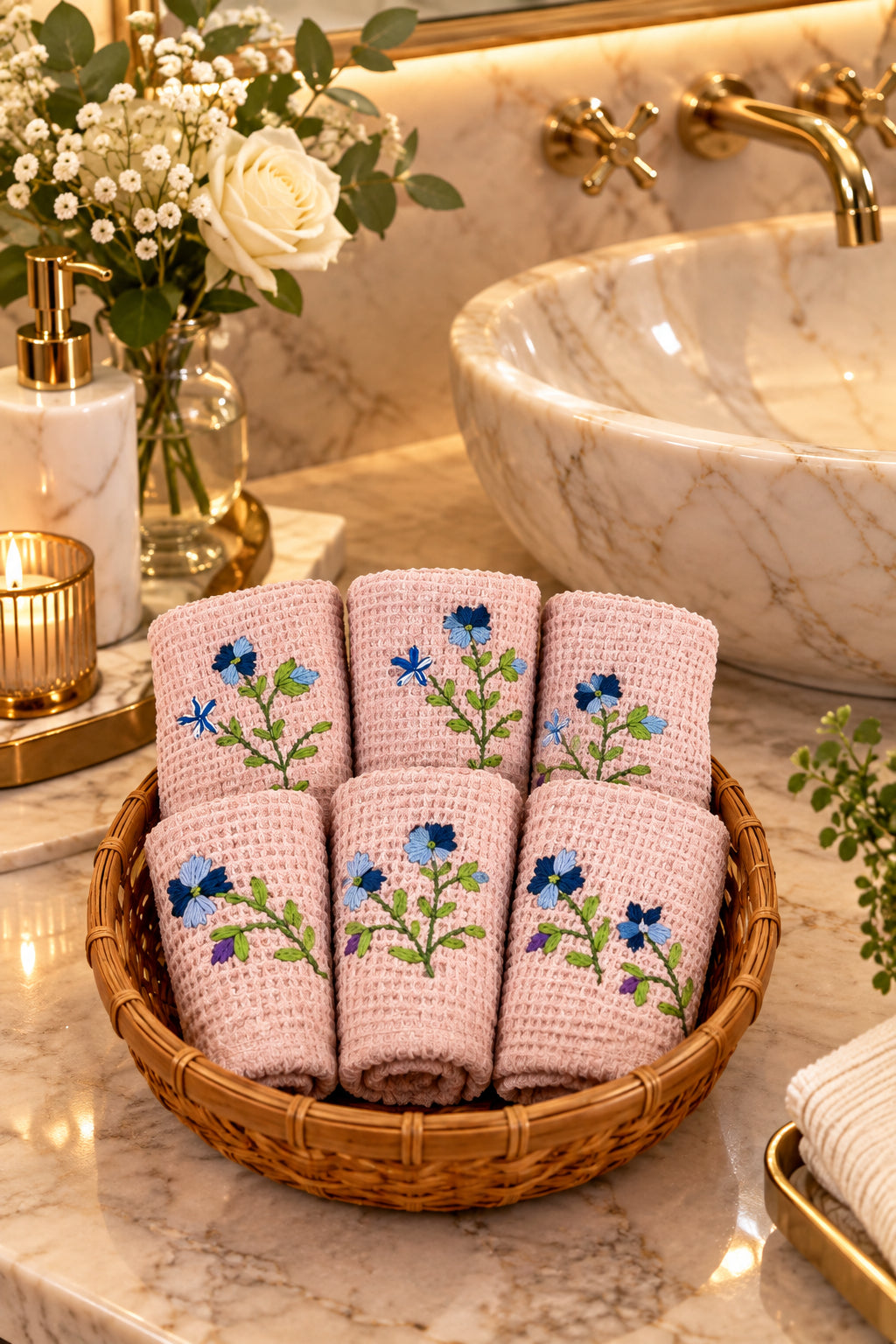 Rose Pink Hand Embroidered Cotton Waffled FaceTowels