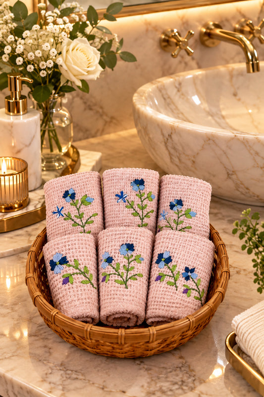 Rose Pink Hand Embroidered Cotton Waffled FaceTowels
