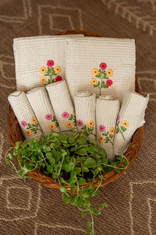Beige Hand Embroidered Cotton Waffled Towel Set