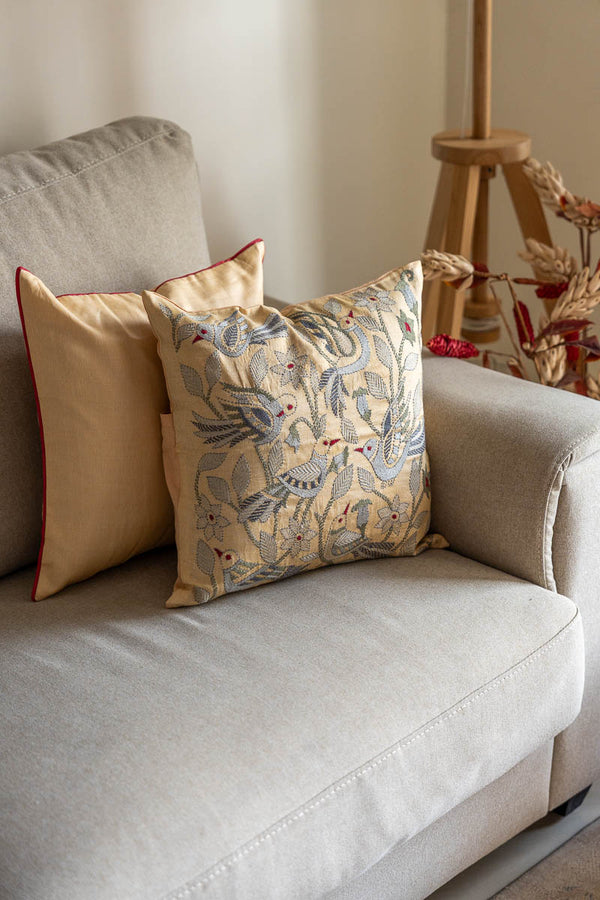 Beige Silk Kantha Cushion Cover