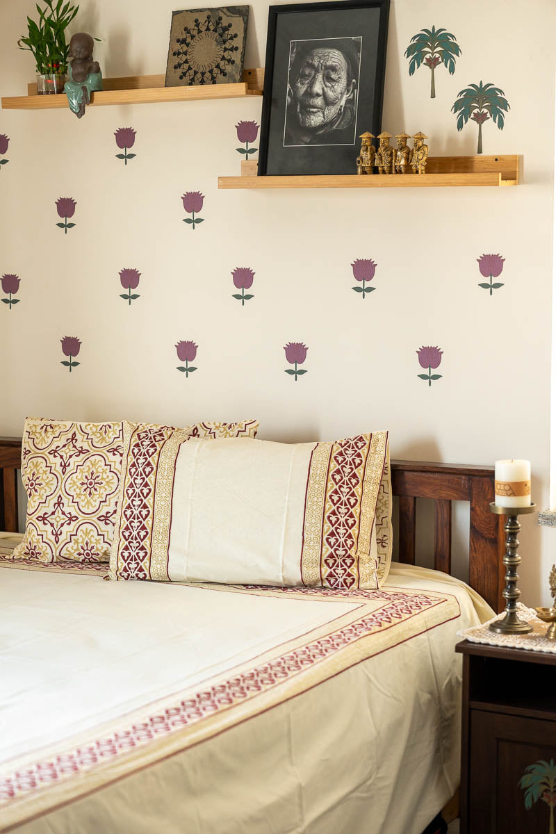 Maroon Border Hand Block Printed 300TC Percale Cotton Bedsheet