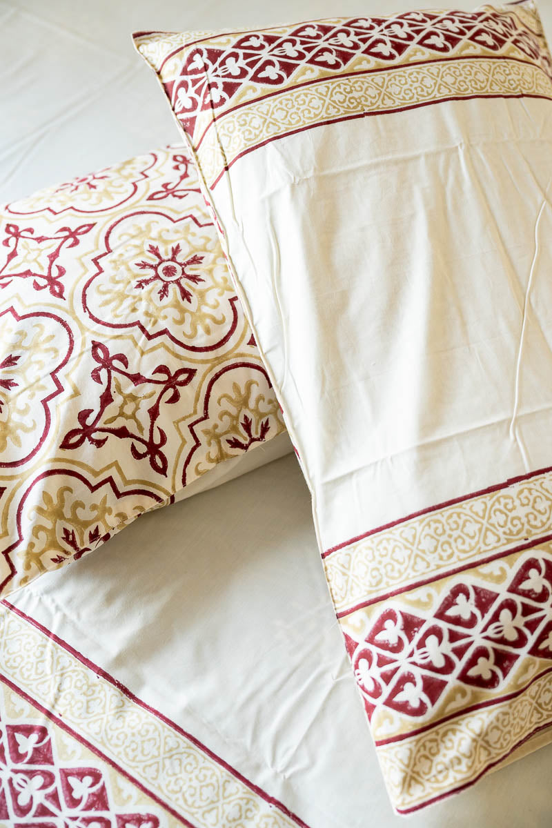 Maroon Border Hand Block Printed 300TC Percale Cotton Bedsheet