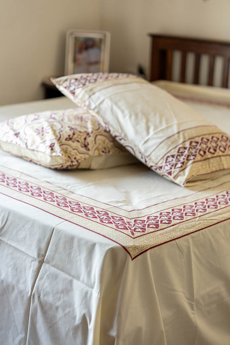 Maroon Border Hand Block Printed 300TC Percale Cotton Bedsheet