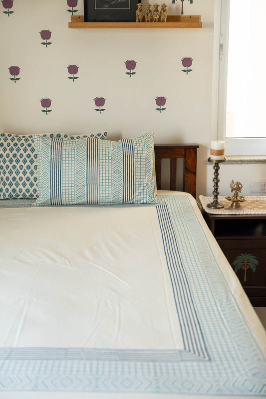 Blue Border Hand Block Printed 300TC Percale Cotton Bedsheet