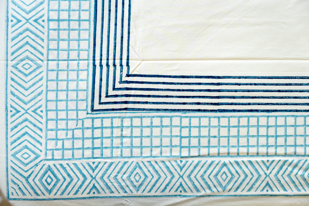 Blue Border Hand Block Printed 300TC Percale Cotton Bedsheet