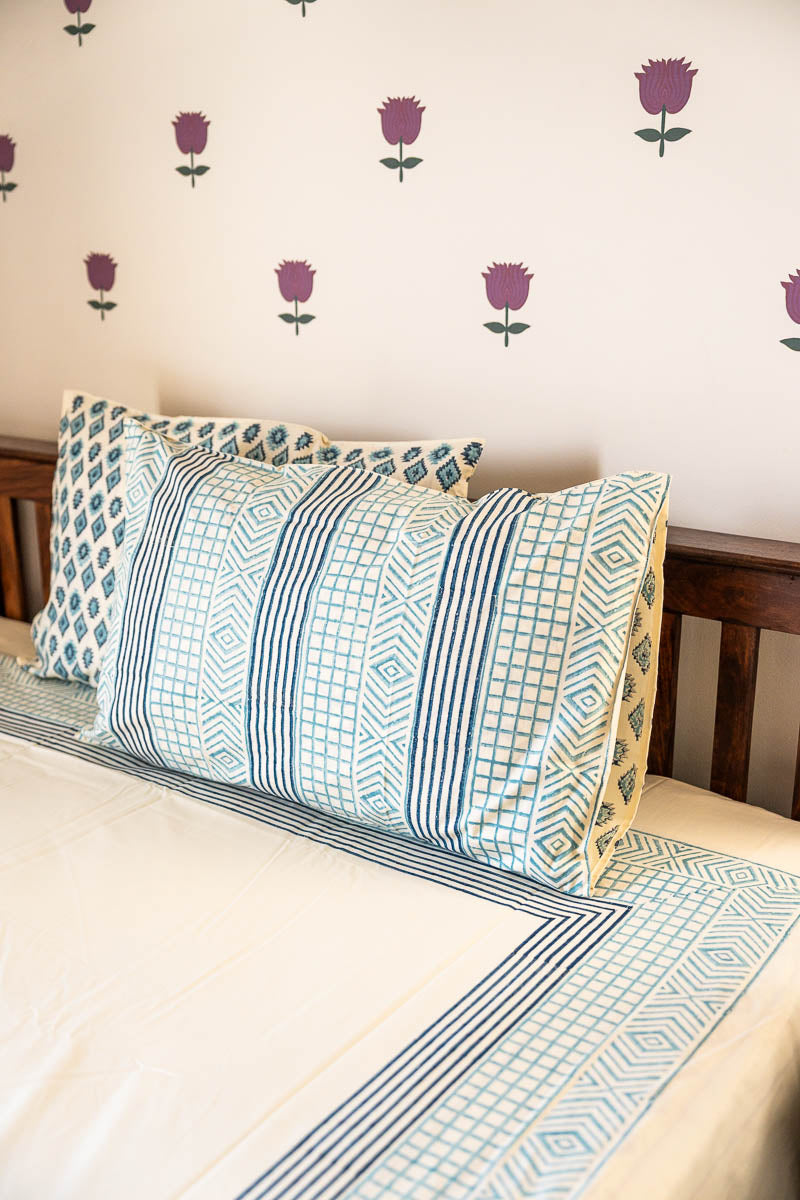 Blue Border Hand Block Printed 300TC Percale Cotton Bedsheet