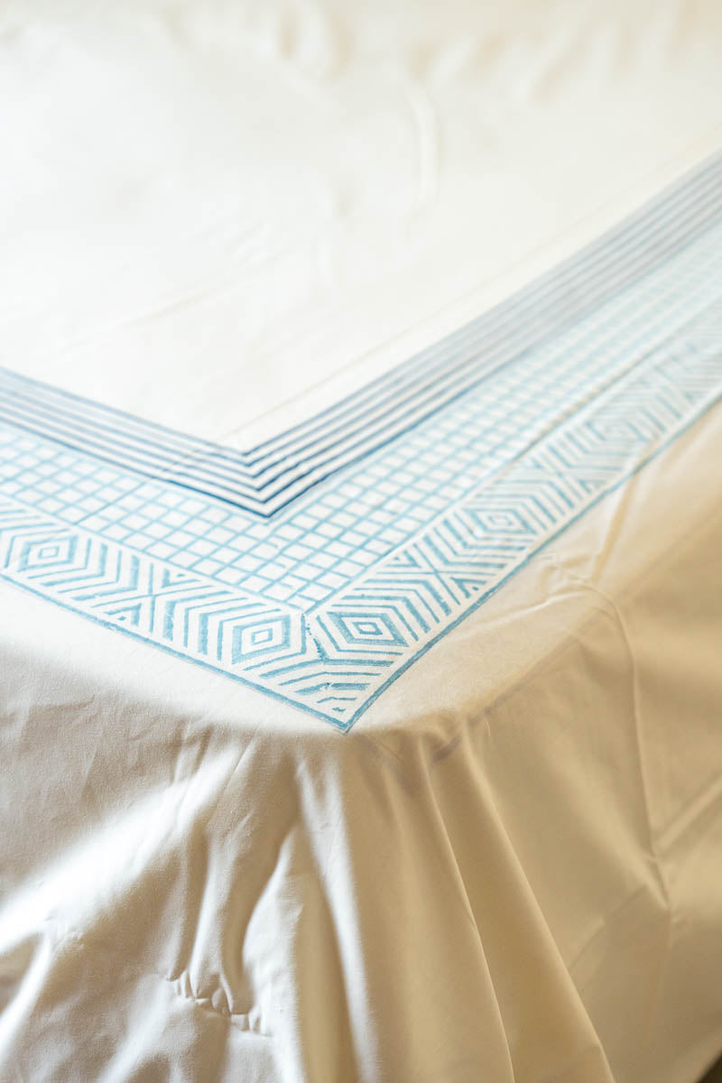 Blue Border Hand Block Printed 300TC Percale Cotton Bedsheet