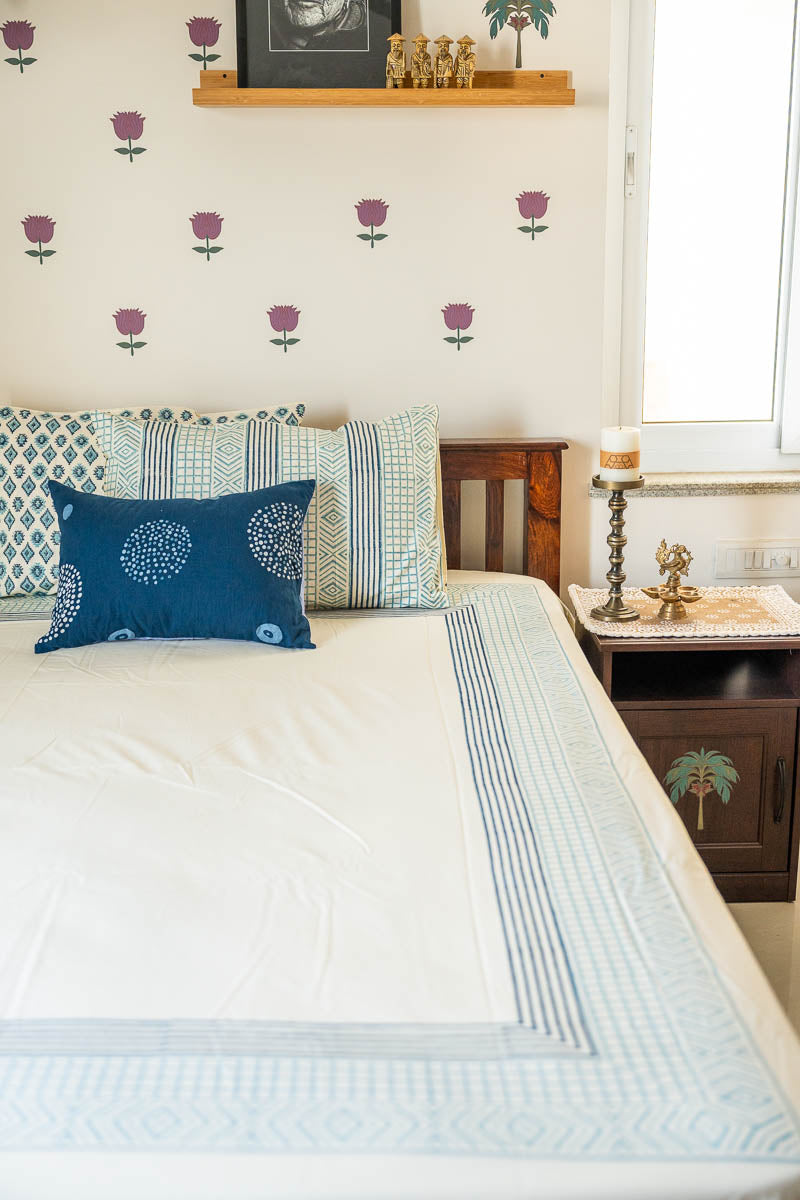 Blue Border Hand Block Printed 300TC Percale Cotton Bedsheet