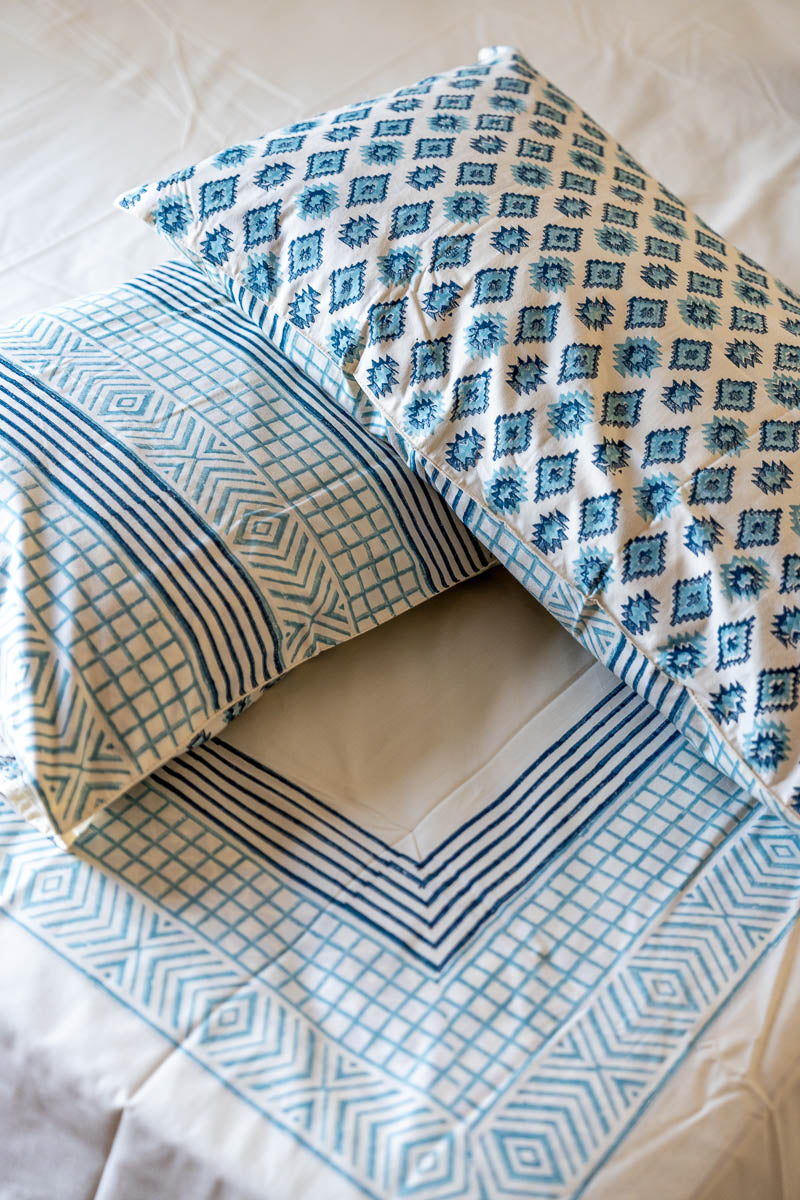 Blue Border Hand Block Printed 300TC Percale Cotton Bedsheet