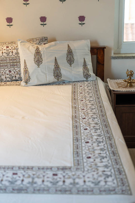 Green Border Hand Block Printed 300TC Percale Cotton Bedsheet