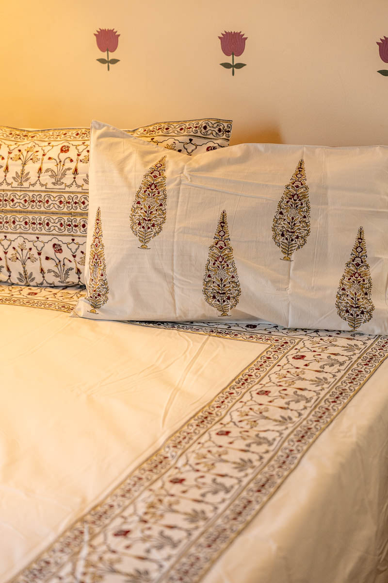 Grey Border Hand Block Printed 300TC Percale Cotton Bedsheet