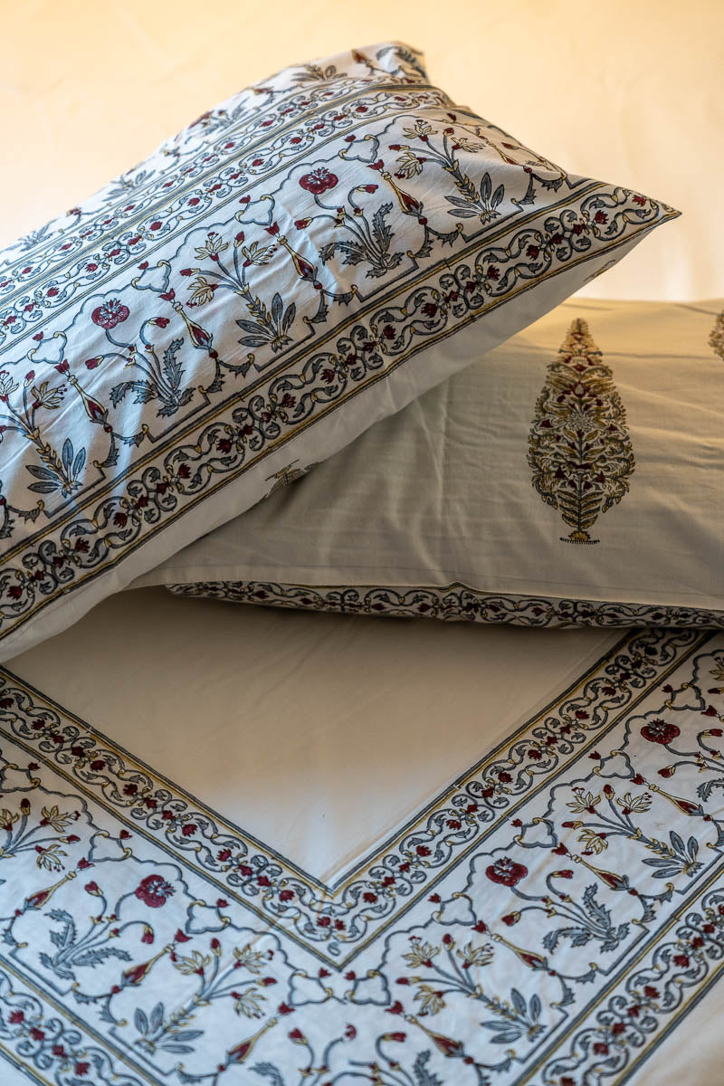 Grey Border Hand Block Printed 300TC Percale Cotton Bedsheet