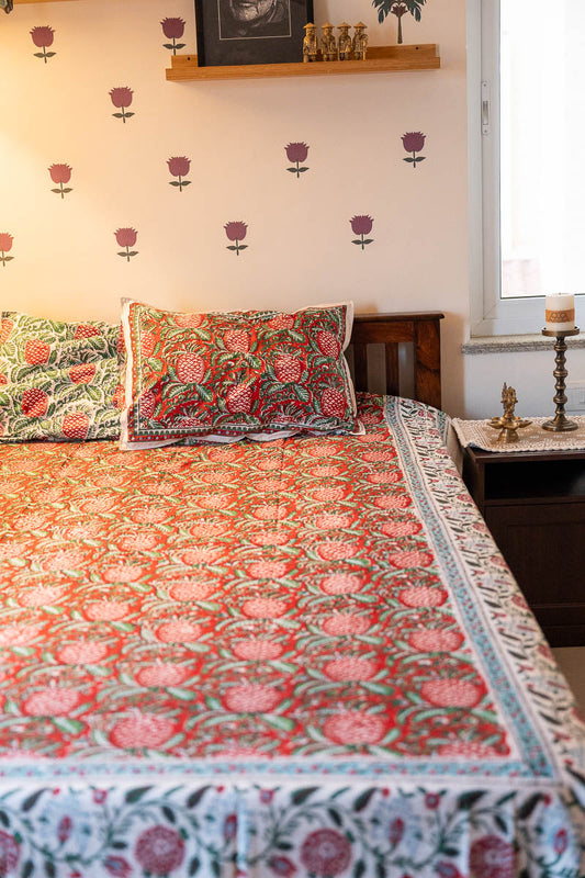 Lal Jaali Hand Block Printed 300TC Percale Cotton Bedsheet