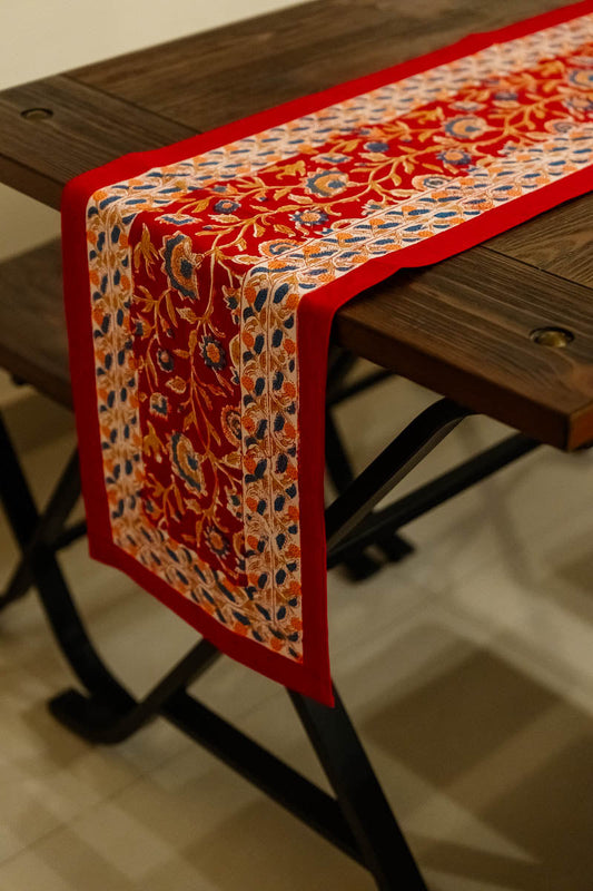Red Hand Block Printed Table Runner