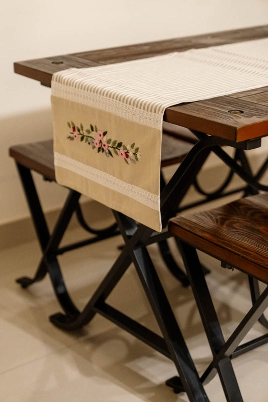 Beige Stripe Hand Embroidered Table Runner