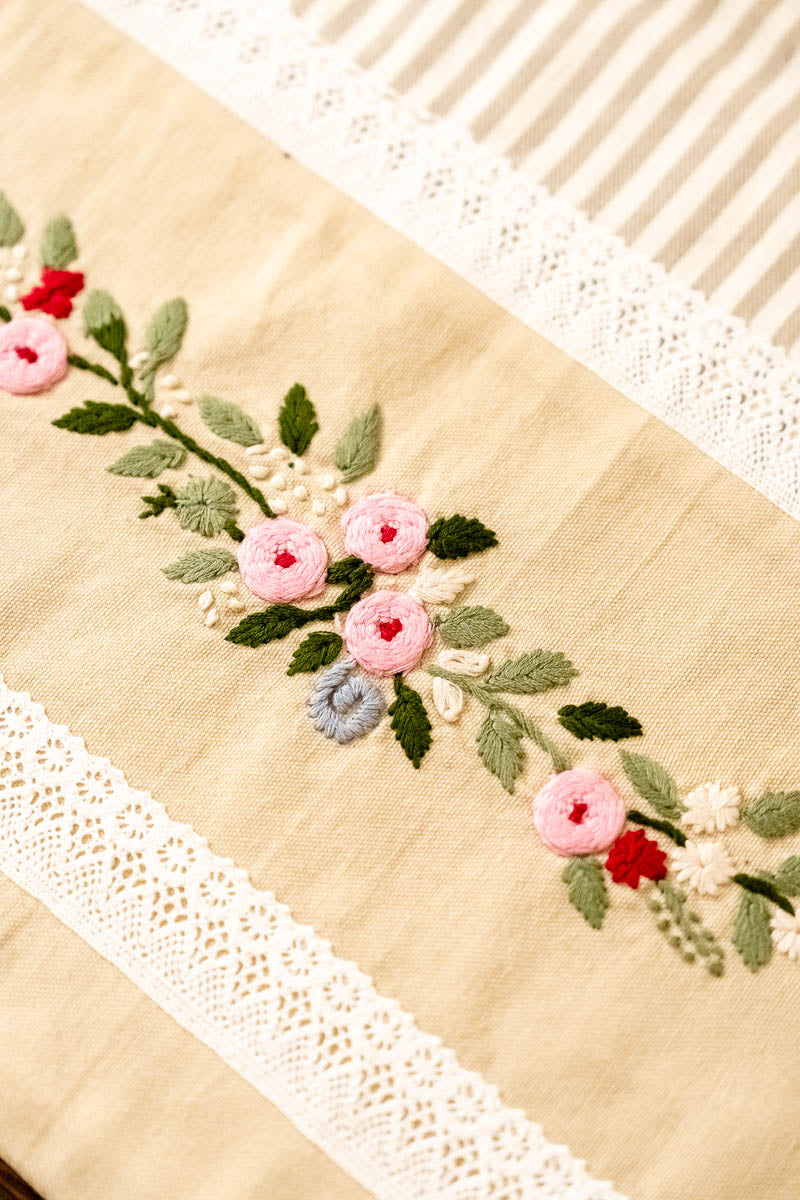 Beige Stripe Hand Embroidered Table Runner