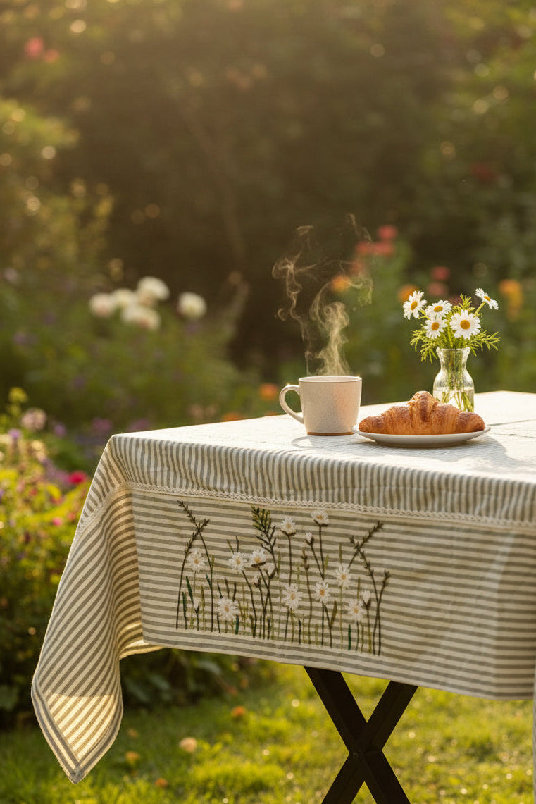 Stripe Hand Embroidered Cotton Dining Table Cover