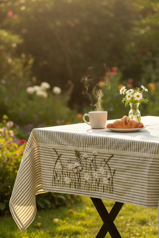 Stripe Hand Embroidered Cotton Dining Table Cover