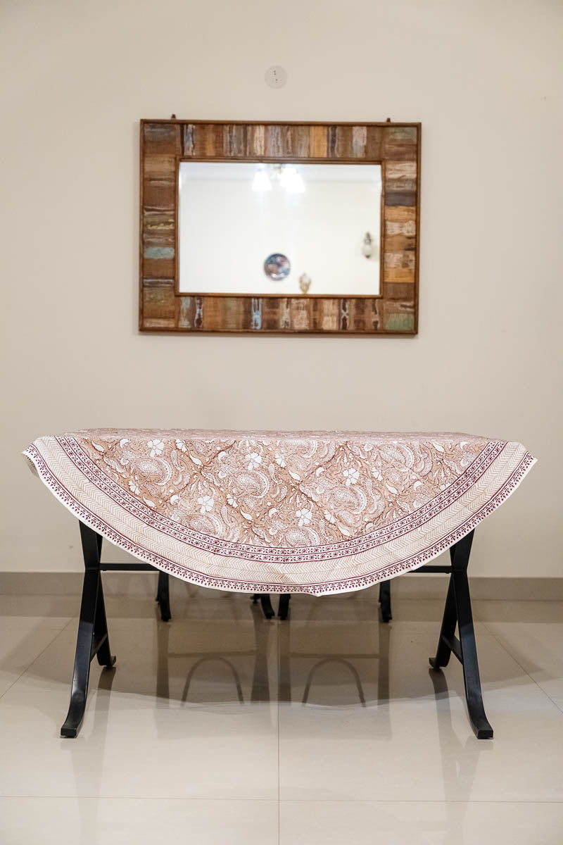 Beige Cotton Hand Block Printed, Round Dining Table Cover