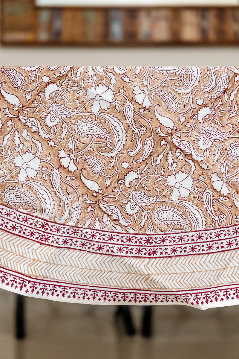 Beige Cotton Hand Block Printed, Round Dining Table Cover