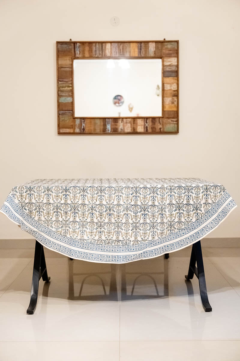 Blue Green Cotton Hand Block Printed, Round Dining Table Cover