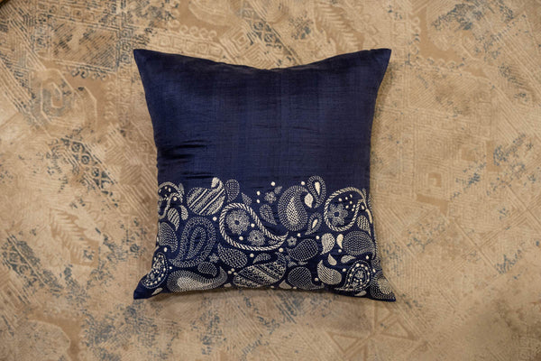 Navy Silk Kantha Cushion Cover