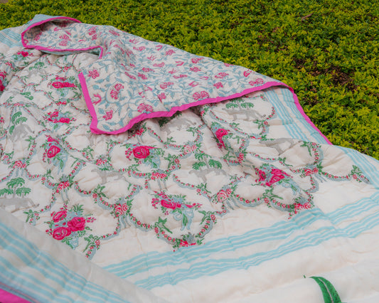Chittor Hand Block Printed Hand Quilted Cotton Quilt / Razai