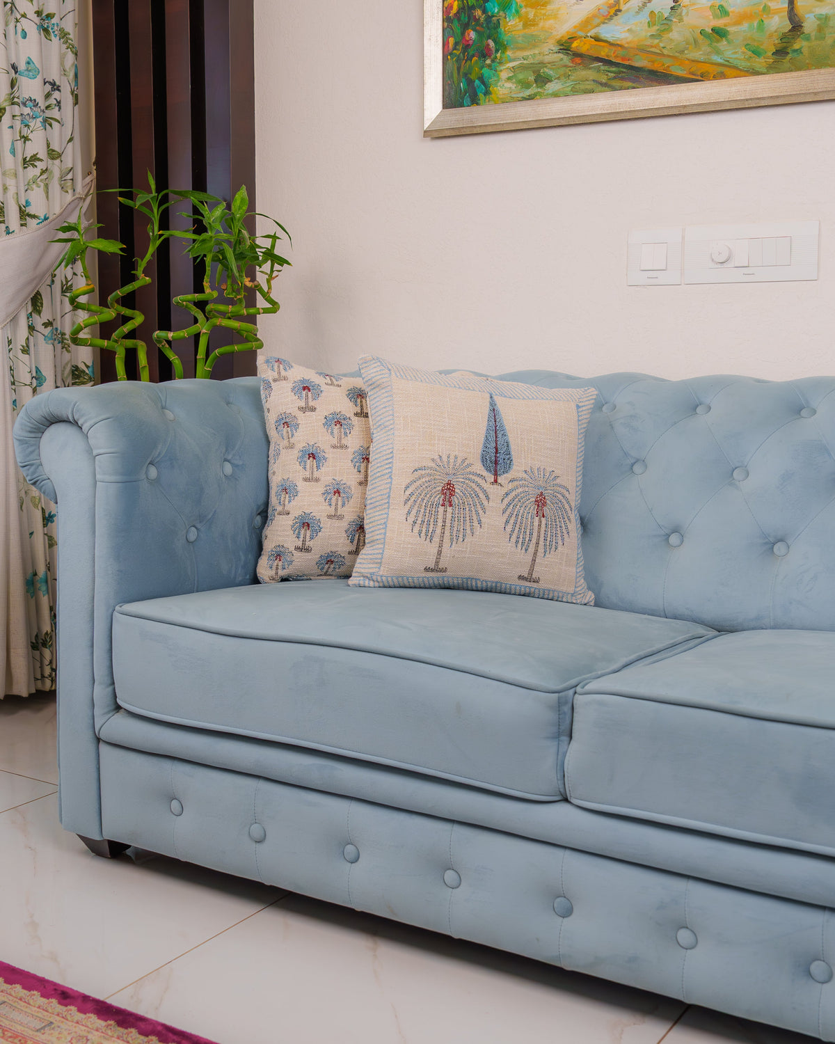 Blue palm cushion cover