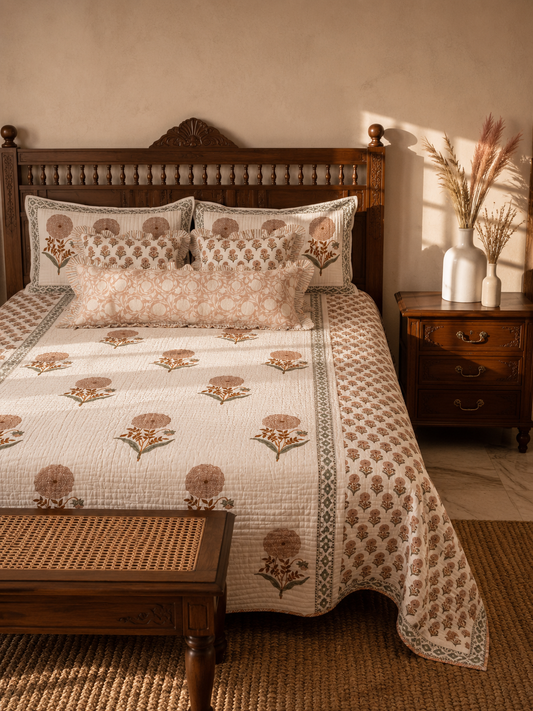 Raj Pankhudi Hand Block Printed Reversible Cotton Quilted Bedcover