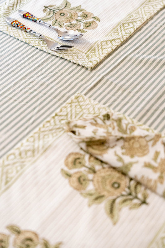 corduroy hand block printed in green and white.
