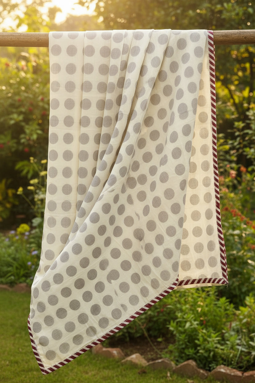 Noor Polka Hand Block Printed Mulmul Cotton Reversible Dohar