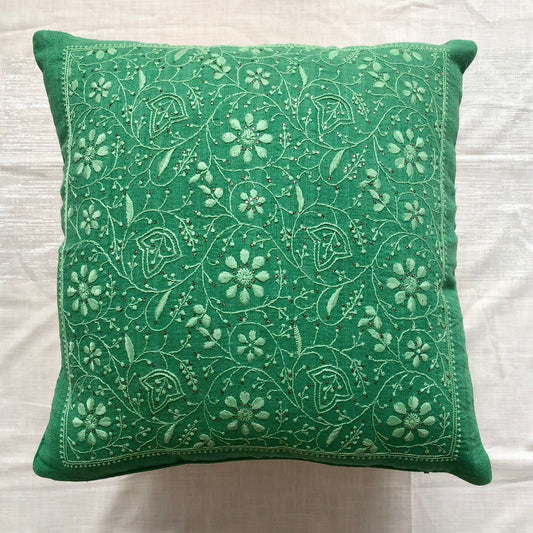 Green Silk Chikankari Cushion Cover-Hand Embroidered