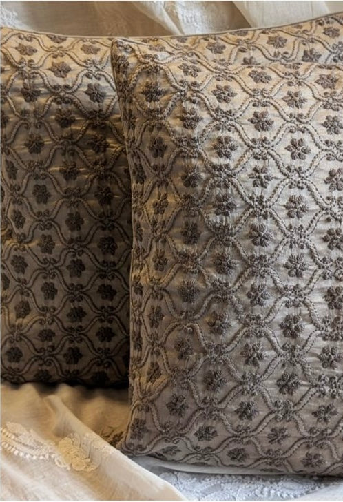 Grey Silk Chikankari Cushion Cover-Hand Embroidered