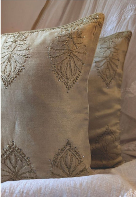 Olive Silk Chikankari Cushion Cover-Hand Embroidered