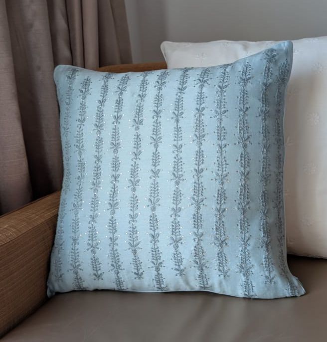 Sky Blue Silk Chikankari Cushion Cover-Hand Embroidered
