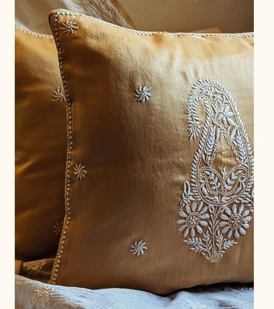 chikankari cushion cover in silk.